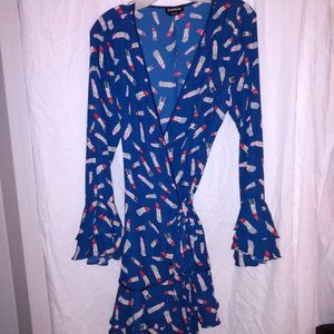 Blue Bebe wrap dress cotton with lipstick pattern